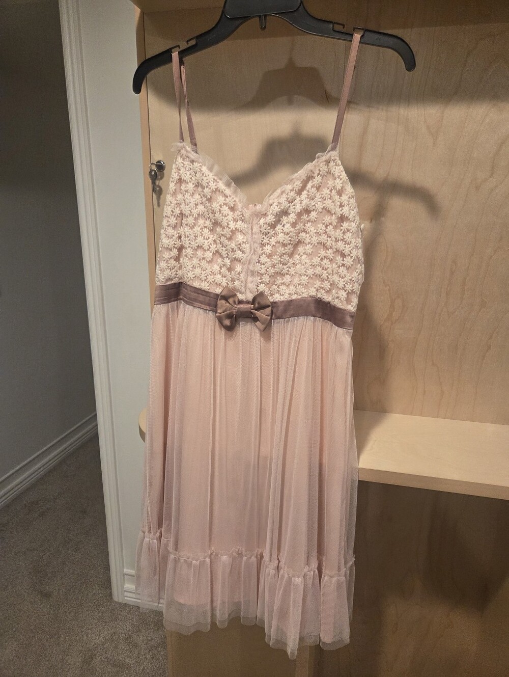 NAF NAF Pink Floral Lace Tulle Mini Dress Satin Bow Accent French Size 42 US 10